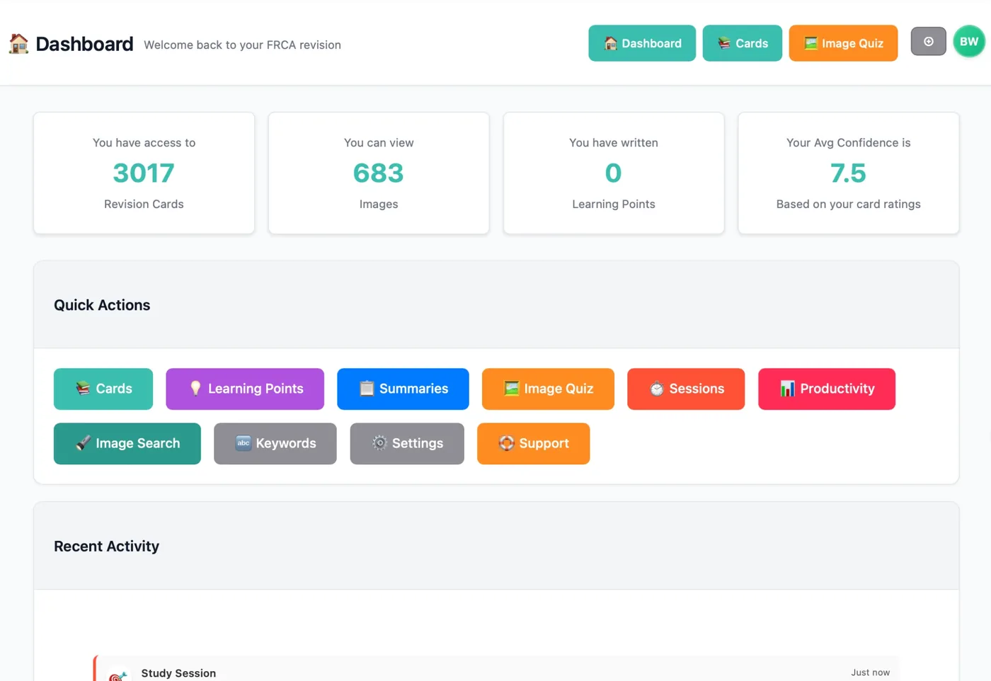 Dashboard with card, image, learning point and confidence totals