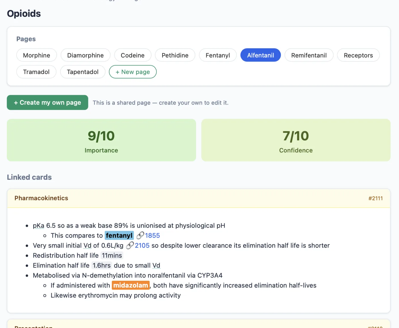 Summary page for alfentanil with linked cards